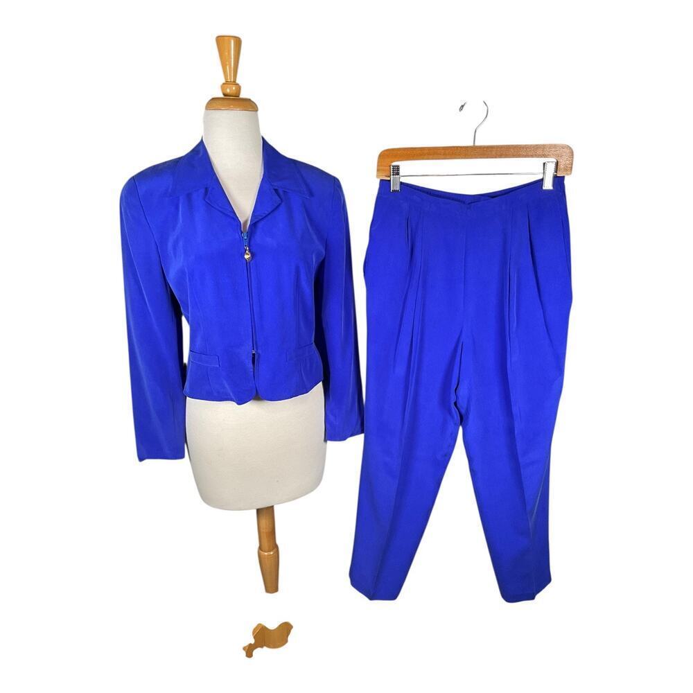 Vintage Shomi Petites 100% Silk Two-Piece Suit Royal Blue Blouse Pants Set SZ 8